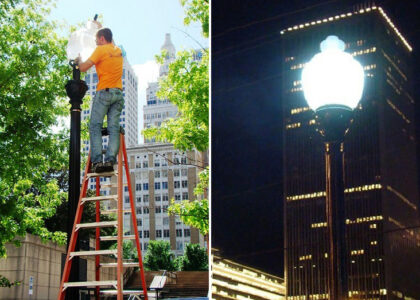 LED Retrofit acorn lights are installed